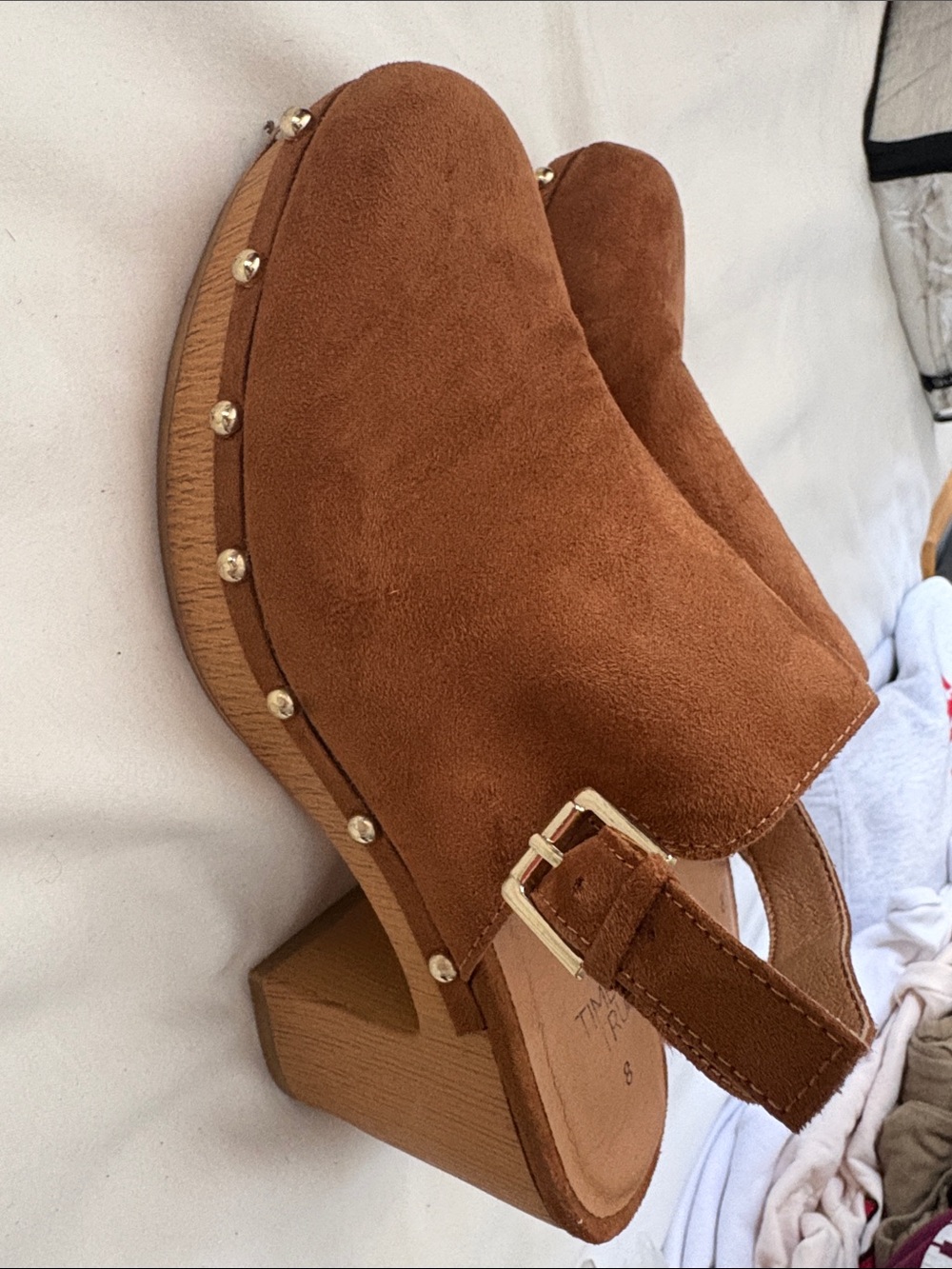Time and tru Women's Faux Suede Brown Studded Clog Heels